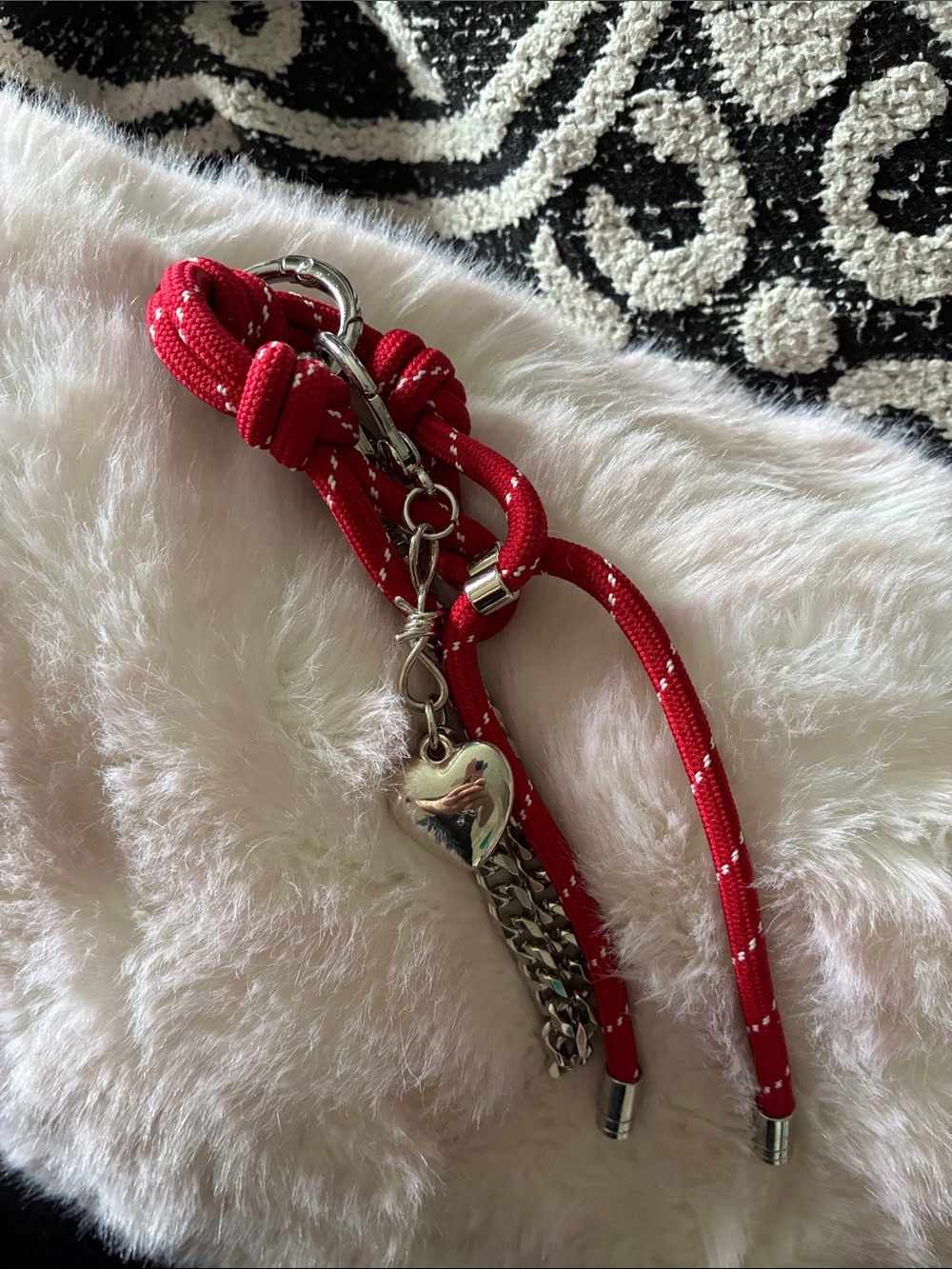 Red Rope Charm Keychain with Silver Heart Accent